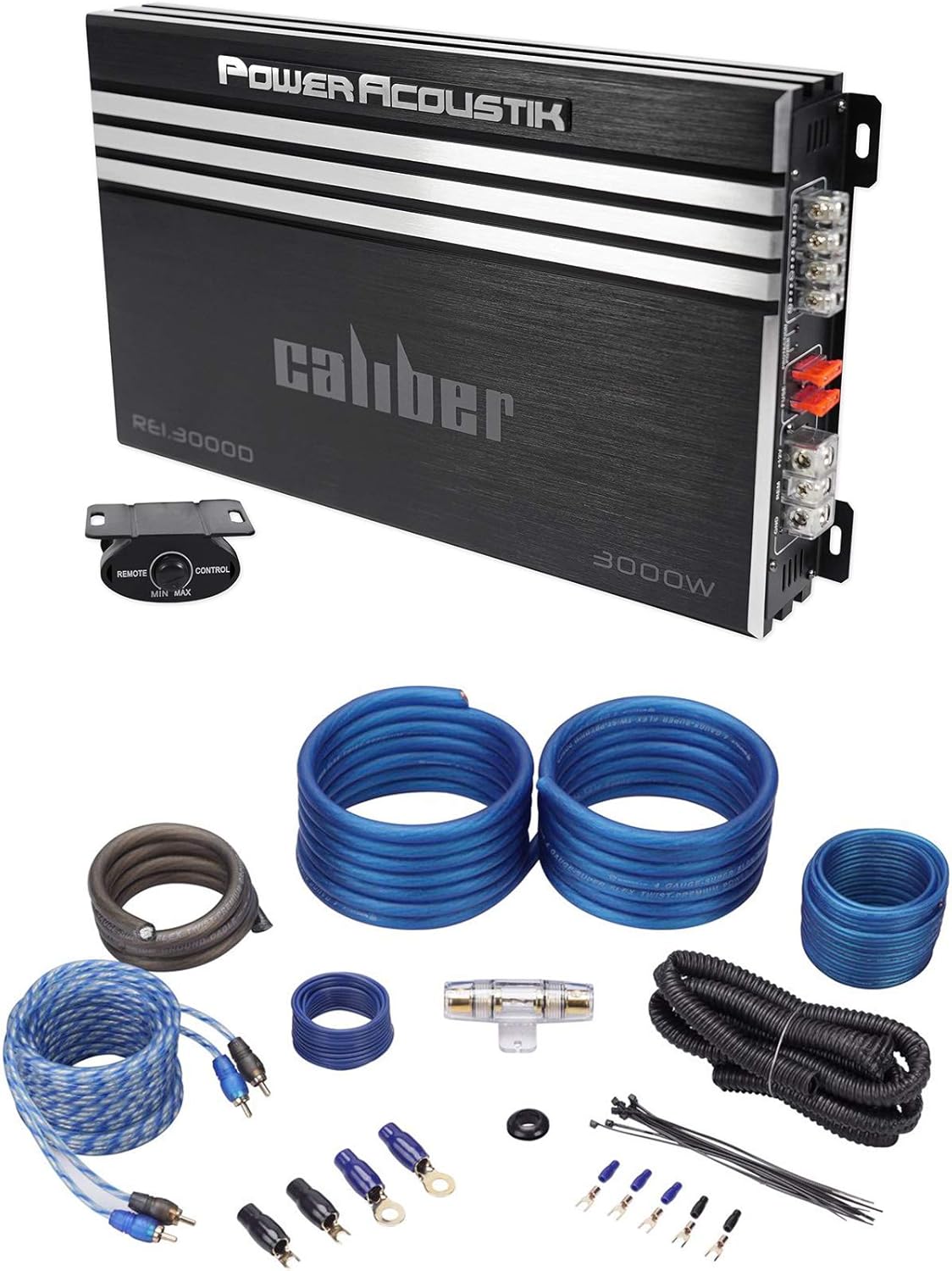 Power Acoustik RE1-3000D 3000 Watt Mono Amplifier Car Stereo Amp Bundle with Rockville RWK41 4 Gauge Complete Car Amp Wiring Installation Wire Kit with RCA's