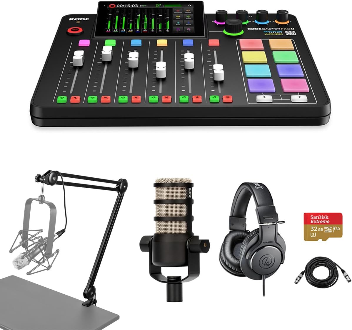 Rode RODECaster Pro II Integrated Audio Production Studio Console Bundle with PodMic Microphone, TAPH500 Headphones, Broadcast Arm, M to F XLR Cable, 32BG microSD Card