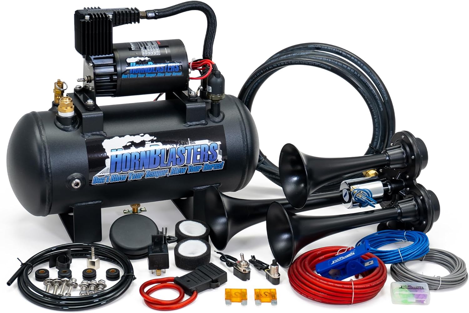 HornBlasters Stealth Black Caboose 127H Air Horn Kit – Compact 12V Air Horn System with 5–7 Sec Honk Time, Pre-Assembled Tank & Compressor, Loud Mid-Tone Horn for Cars, Trucks, SUVs