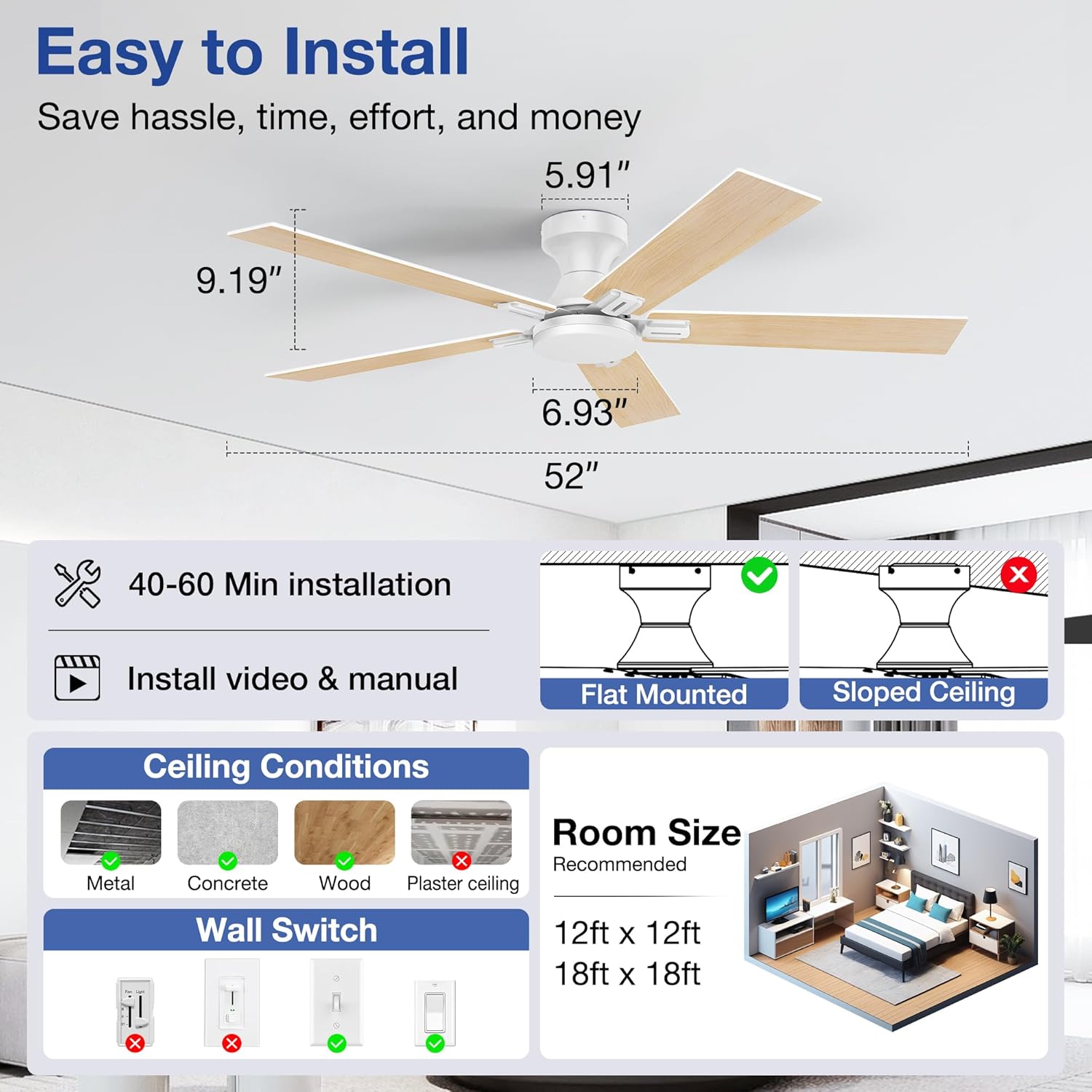 52 Inch Ceiling Fans with Lights,Smart Low Profile Ceiling Fan with Light and Remote Control,Alexa,APP,White Flush Mount Ceiling Fans for Bedroom,Patio,Outdoor Indoor Use,Dimmable LED,6 Speed,Quiet