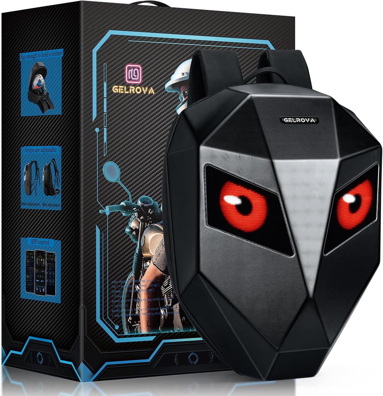 Gelrova Knight Motorcycle Backpack with LED Eyes, Waterproof Hard Shell Scooter Bag, Laptop Backpack for Riding, Cycling, Travel, Large Size 19in