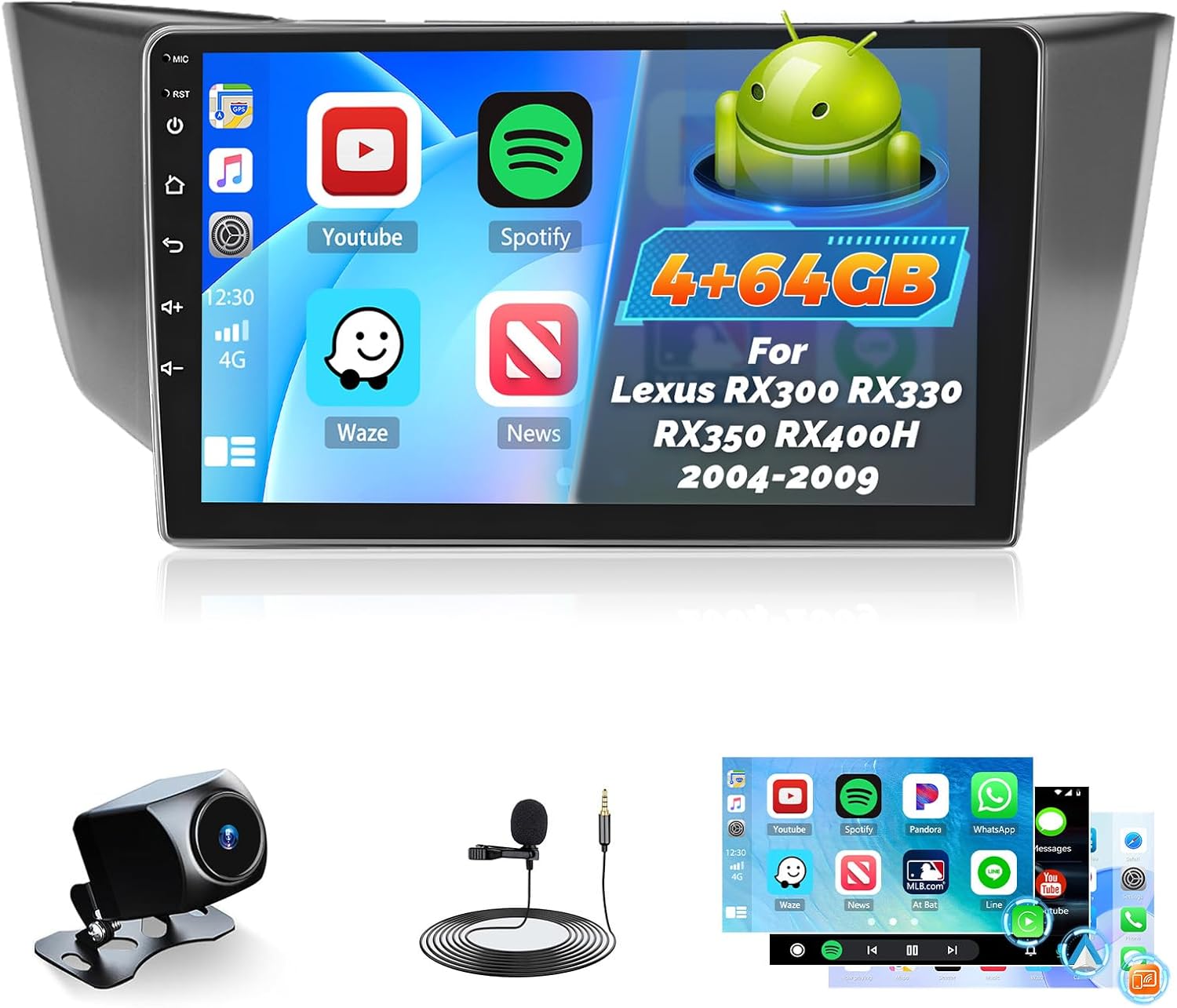 Android 15 Car Radio for Lexus RX300 RX330 RX350 RX400H 2004-2009, 9 inch Capacitive HD Touch Screen Head Unit with Carplay Android Auto 5G WiFi GPS Bluetooth 5.0 1280 * 720 4+64G