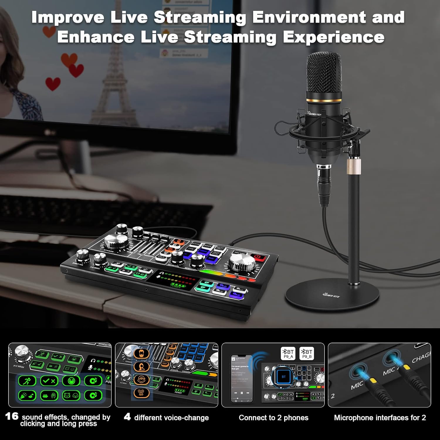Podcast Equipment Bundle for 2, Audio Mixer with Condenser Microphone and 48V Phantom Power Supply Audio Interface for Live Stream Record Game