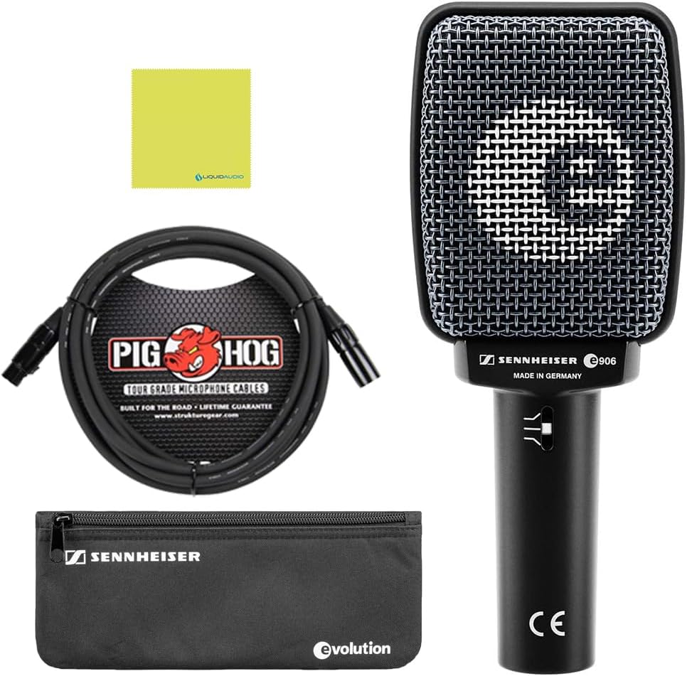 Sennheiser E 906 Supercardioid Dynamic Instrument Microphone Bundle w/Pig Hog PHM10 8mm Mic Cable Polishing Cloth