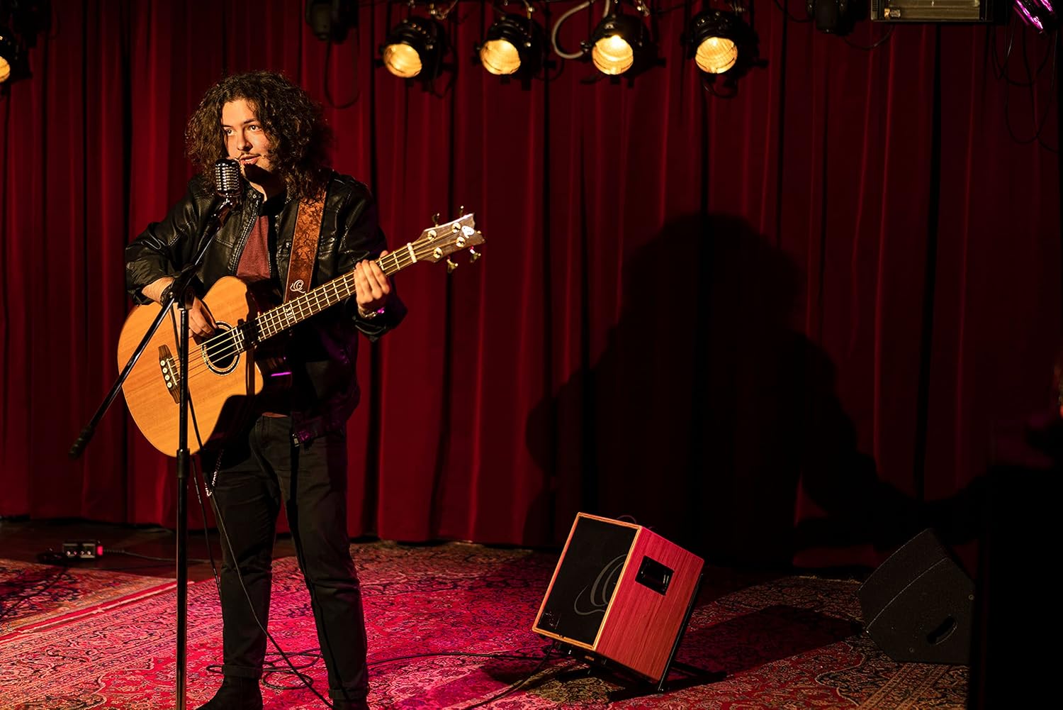 Ortega Guitars 4 String Private Room Striped Ebony Suite w/Arm Rest Solid Top Acoustic-Electric Bass w/Bag, Right (STRIPEDSU.ACB)