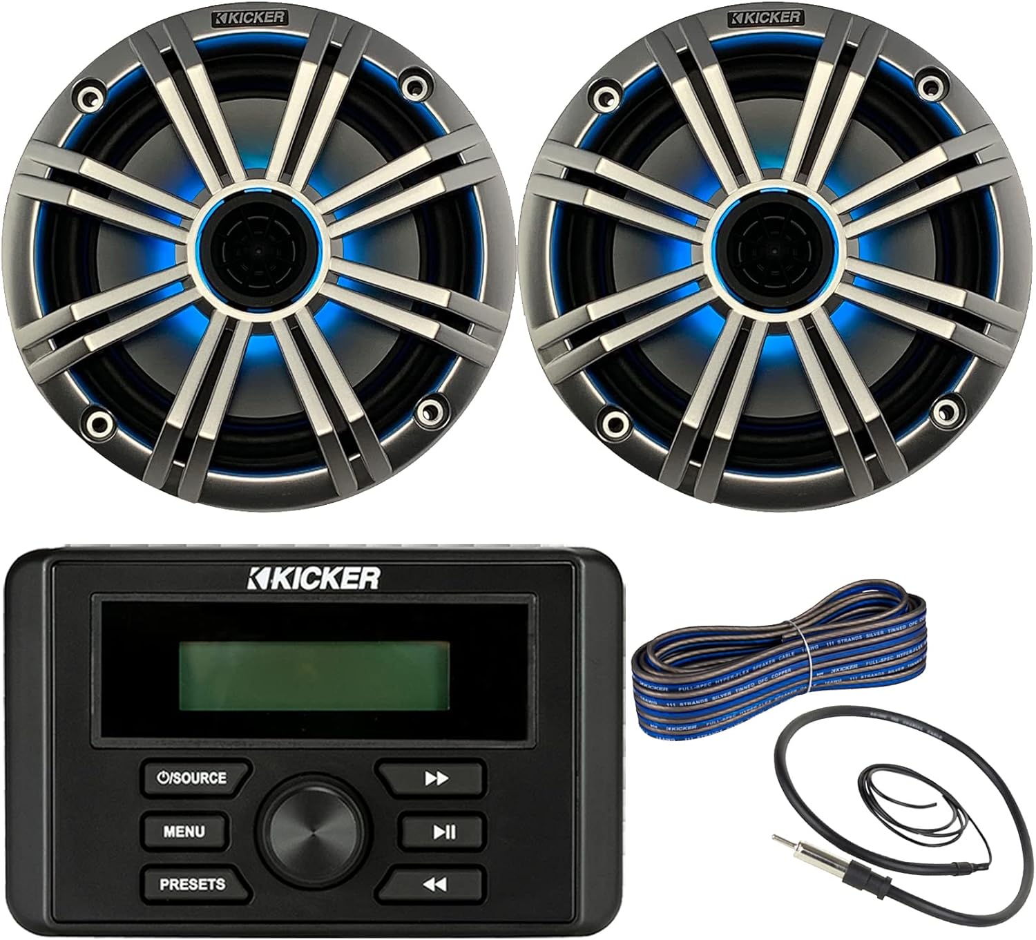 Kicker Weather-Resistant Marine Bluetooth USB RCA Stereo Receiver Bundle Combo with (QTY 2) 6.5