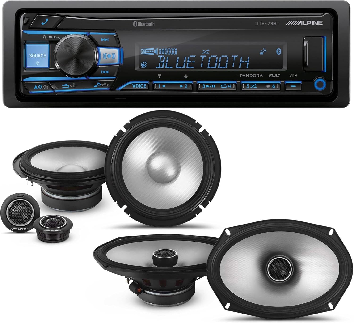 Alpine UTE-73BT Mech-Less Digital Bluetooth Media Receiver with 1 Pair Alpine S2-S65C Type S 6.5