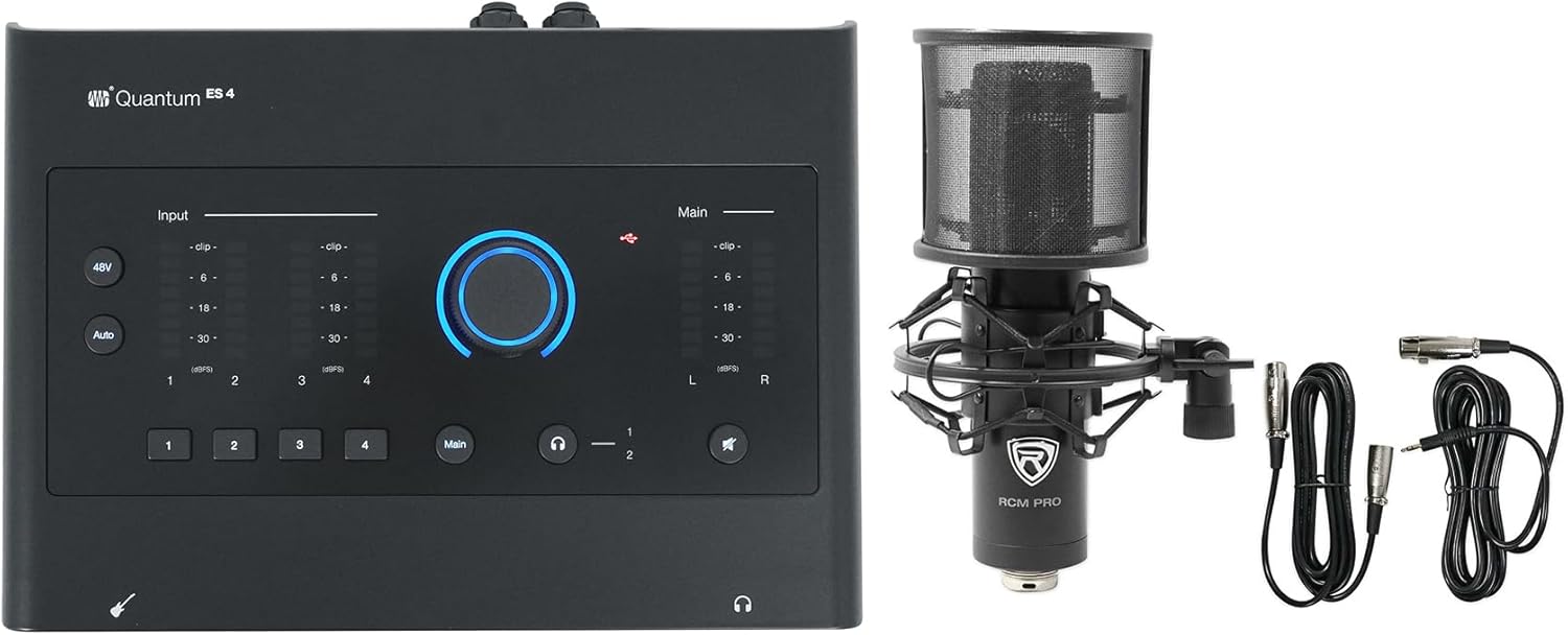 Audiosavings Bundle: (1) Presonus Quantum ES4 4 x 4, 24-bit / 192 kHz USB-C Audio Recording Interface Bundle with (1) Rockville RCM PRO Studio Condenser Microphone w Samsung Capacitors (2 Items)