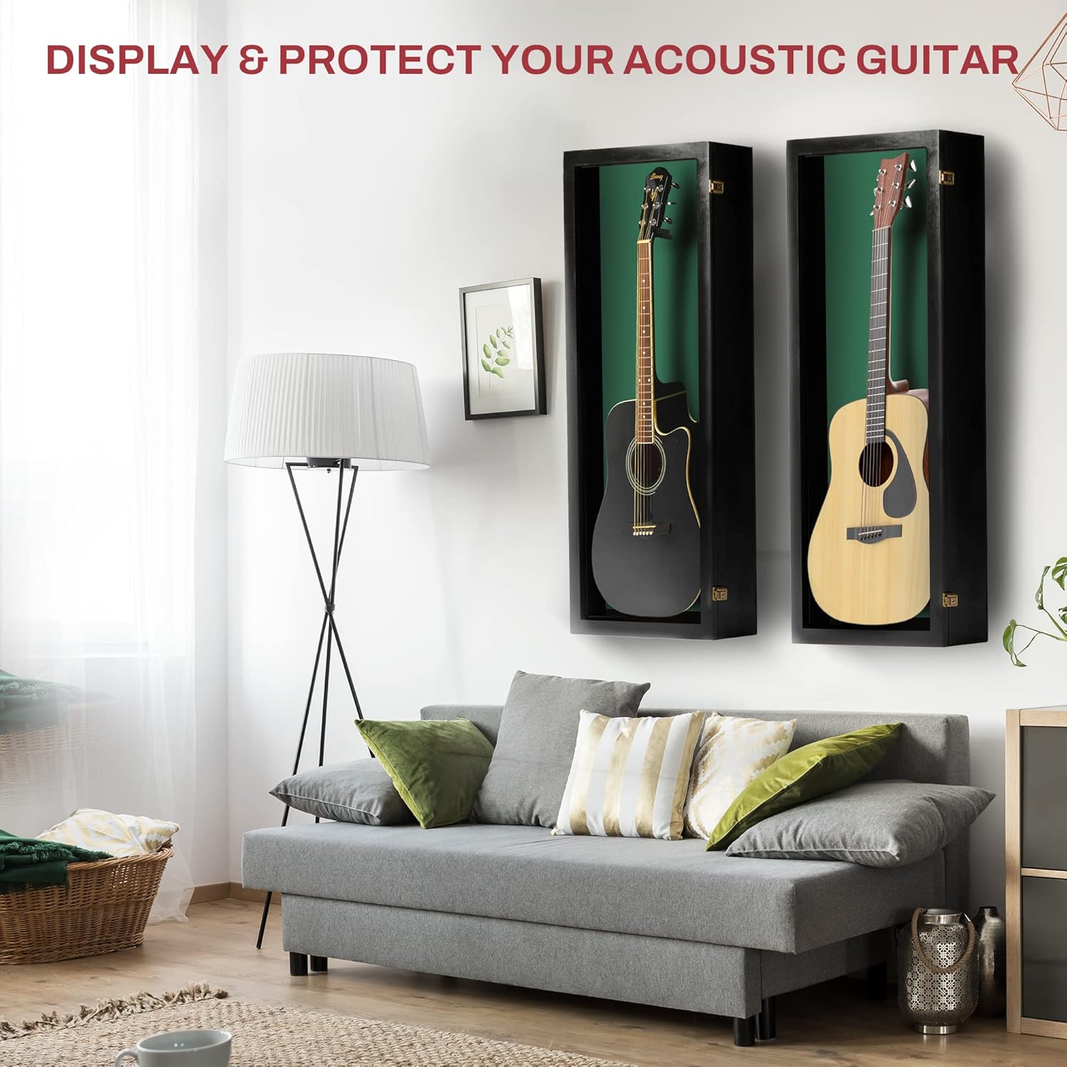 PENNZONI Acoustic Guitar Display Case - Acrylic Acoustic Guitar Case - Guitar Display Case Wall Mount Made from Hardwood Frame & Clear Acrylic - Black w/Felt Green