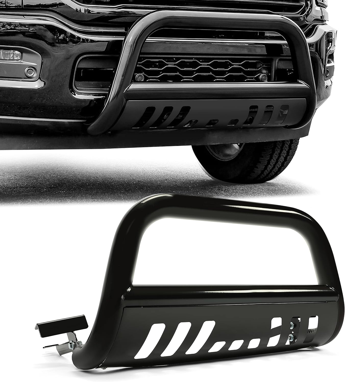 Bull Bar Front Bumper Grille Guard Protector w/Skid Plate Compatible with 2009-2018 Dodge Ram 1500 2019-2025 Dodge Ram 1500 Classic Brush Guard Brush Push Bar Black Steel Light Mount