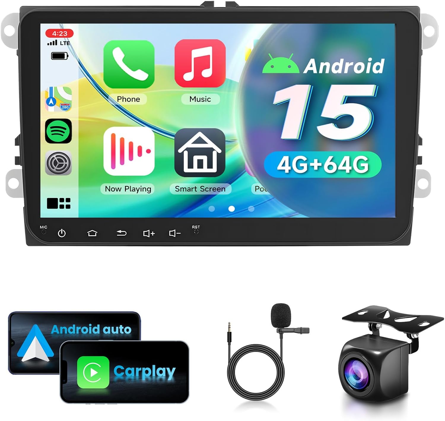 4G+64G Android Car Stereo for VW Passat Jetta Golf Polo Caddy Seat Skoda with Wireless Carplay Android Auto, 9 inch Touch Screen Support Bluetooth GPS SWC Andriod Auto Backup Camera