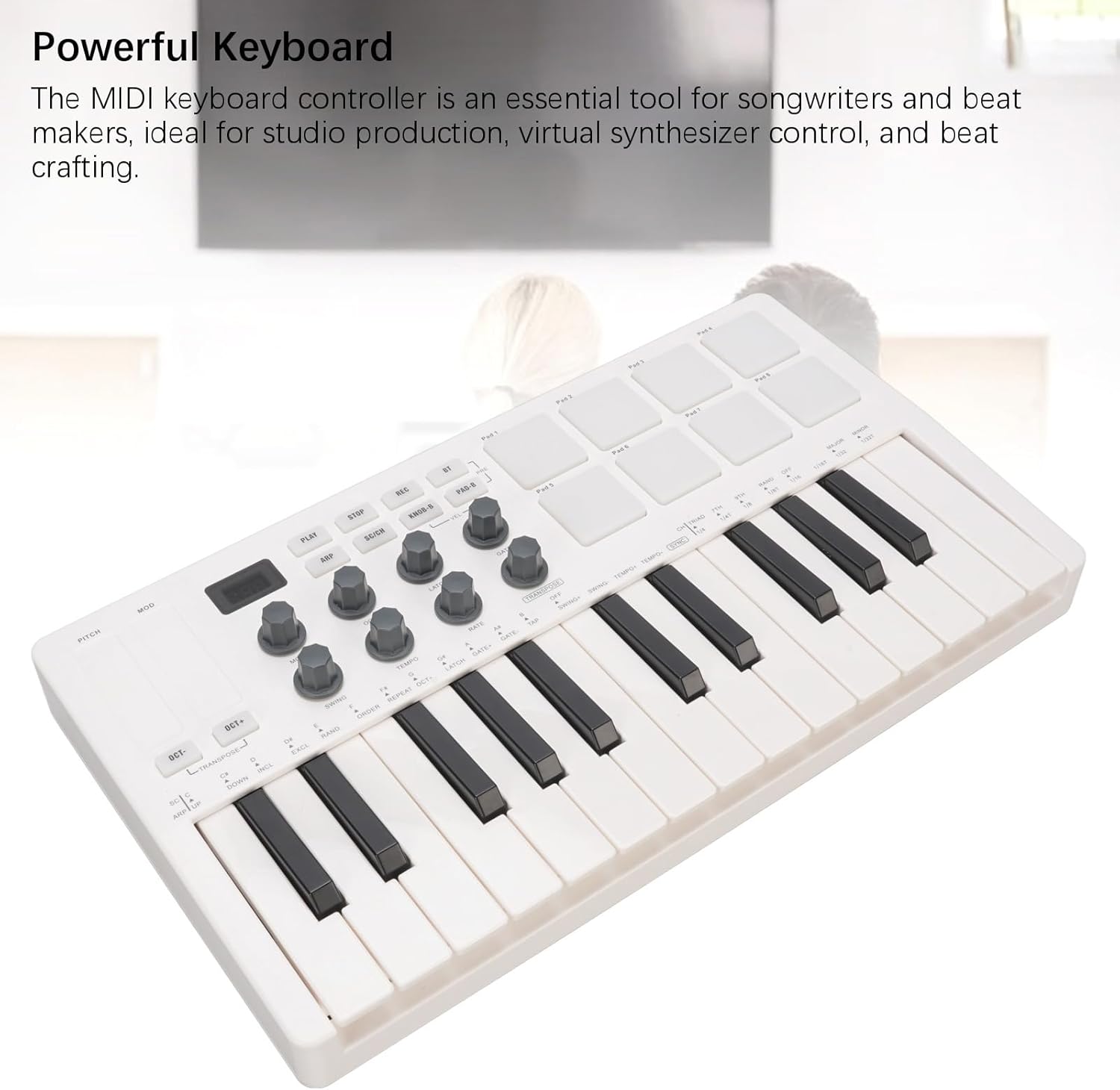 Professional MIDI Keyboard, Bluetooth USB MIDI Keyboard Controller, with 25 Key 8 Backlit Drum Pads 8 Knobs, for Musician Music Production