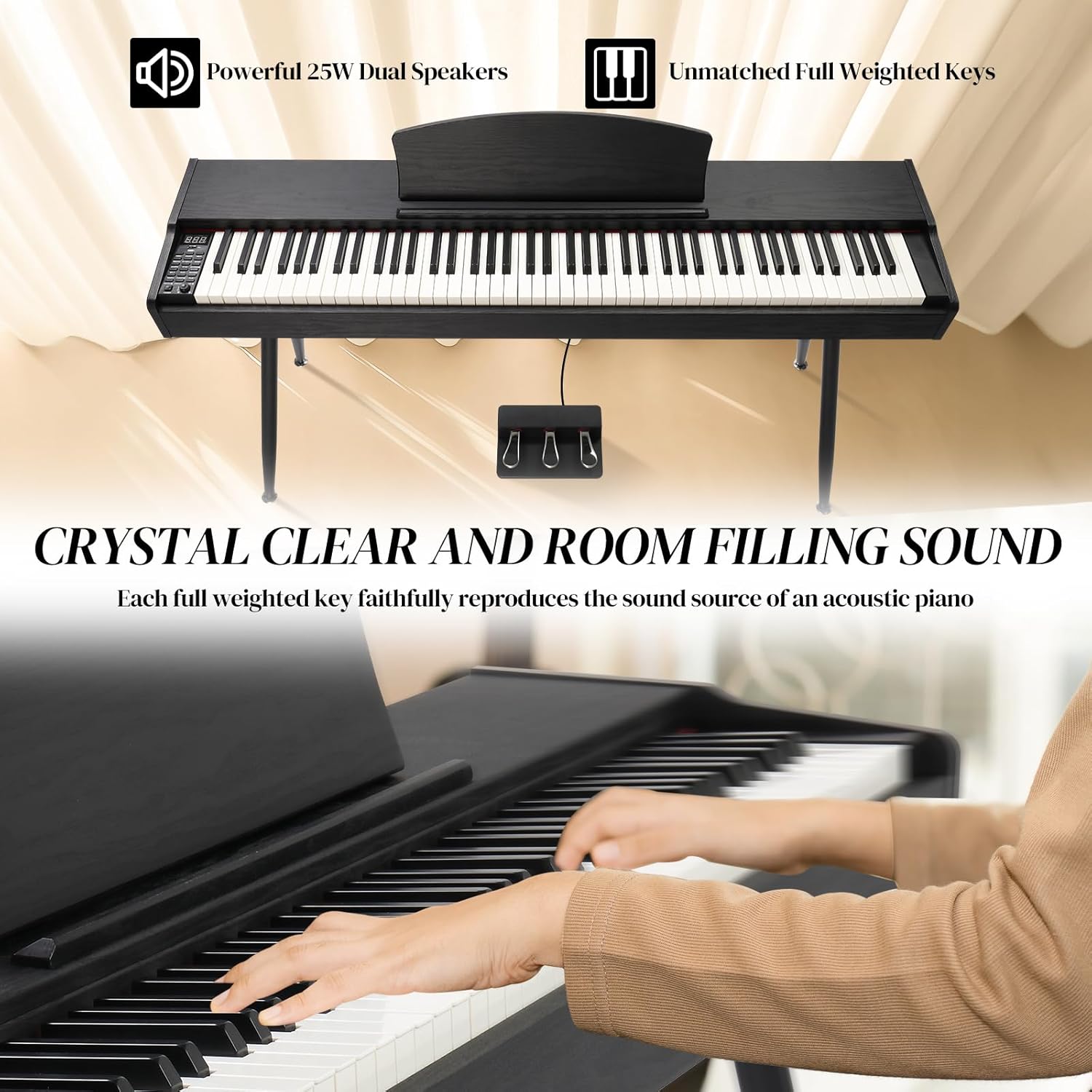 Ktaxon 88 Key Keyboard Piano Weighted Action Electronic Keyboard Piano, Digital Piano with 3-Pedal Unit, Removable Music Stand, Stereo Headphones, Compact Design and MIDI Connection(Wood Grain Black)