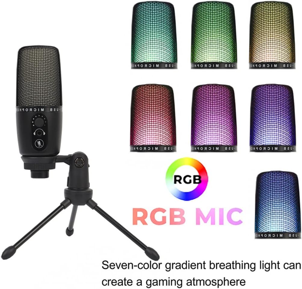 Professional Condenser Microphone with RGB Light USB Recording Microphone Computer Streaming Video Podcast Microphone