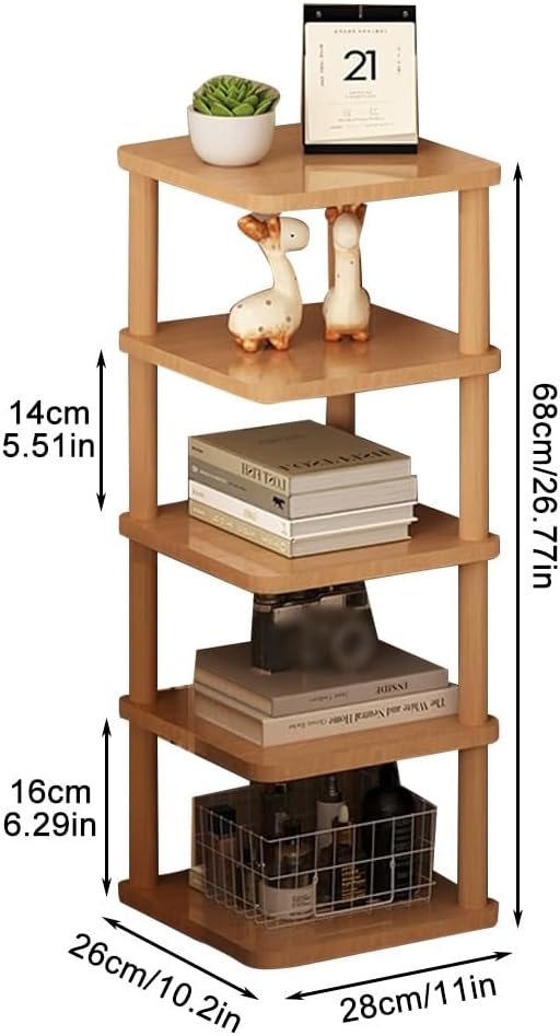 Vertical Triangle Bookshelf Cornor Storage Rack Multi-Tier Corner Cabinet Wooden for Living Room Bedroom,Organizer Shelves Unit, Freestanding Display (Original Wood 5 Tier)