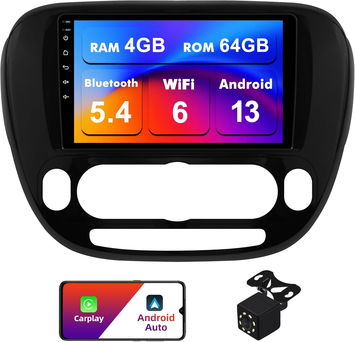 4+64G Android 13 Double Din Car Stereo for Kia Soul 2014-2019 with 9 Inch Touchscreen Radio Built-in Wireless Carplay/Android Auto/GPS/Bluetooth/FM/AUX-in/Steering Wheel Controls/Backup Camera