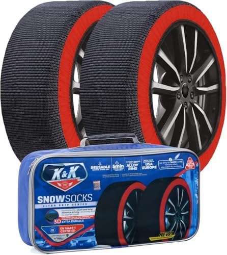 K&K Auto Snow Socks for Tires – Pro Series for Ultimate Grip Approved Snow Chain Alternative Traction Device – Tire Sock for Car Sedan Coupe – Winter Travel Accessory Emergency Kit – Medium (2pcs)