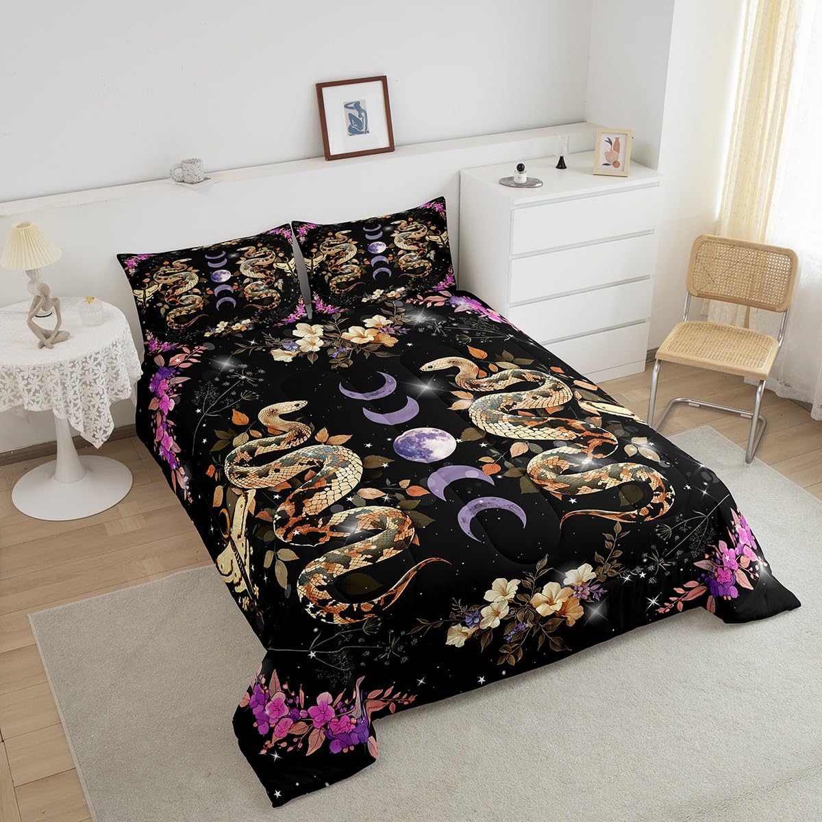 Gothic Snake Moth Comforter Set King Size,Purple Moon Stars Galaxy Boho Bedding Set All Season Quilt Set,Wild Animal Flowers Leaves Black Microfiber Polyester Down Comforter
