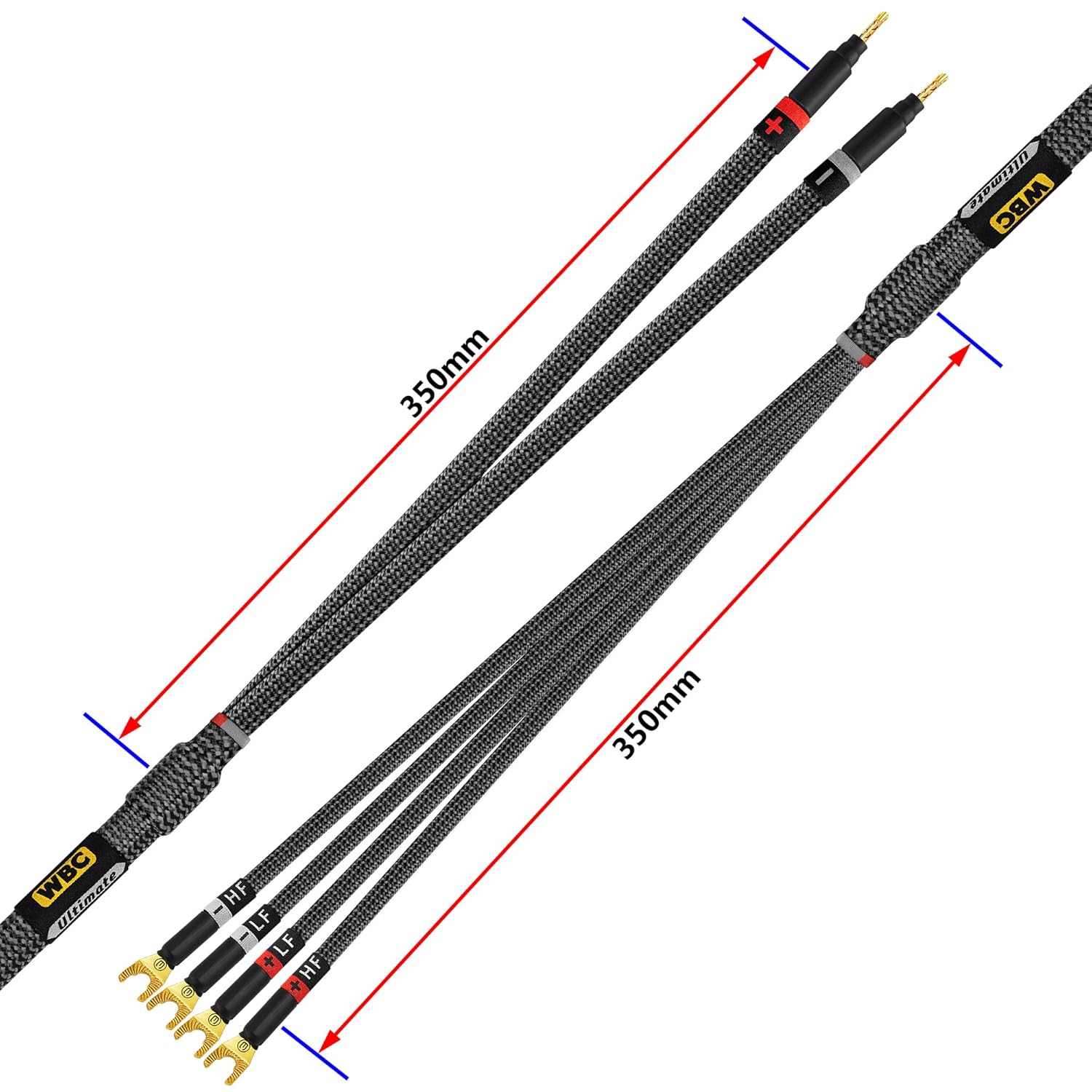 WORLDS BEST CABLES 8 Foot Ultimate - 9 AWG - Ultra-Pure OFC - Premium Audiophile HiFi Bi-Wire Speaker Cable Pair with Eminence Gold Banana (x2) & Spade (x4) Plugs & Carbon Tweed Jacket