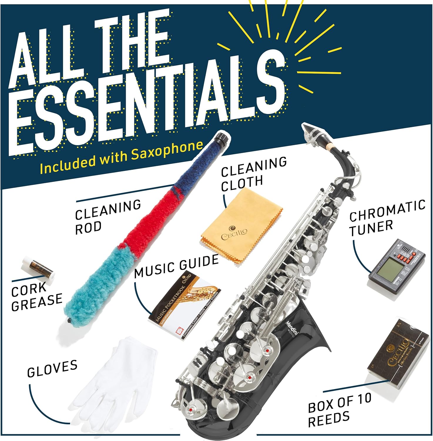 Mendini By Cecilio Alto Saxophone for Beginners with Tuner, Mouthpiece, Case, 10 Reeds, Grease, Cleaning Cloth & Rod, Gloves, Strap, Book (Black Silver)