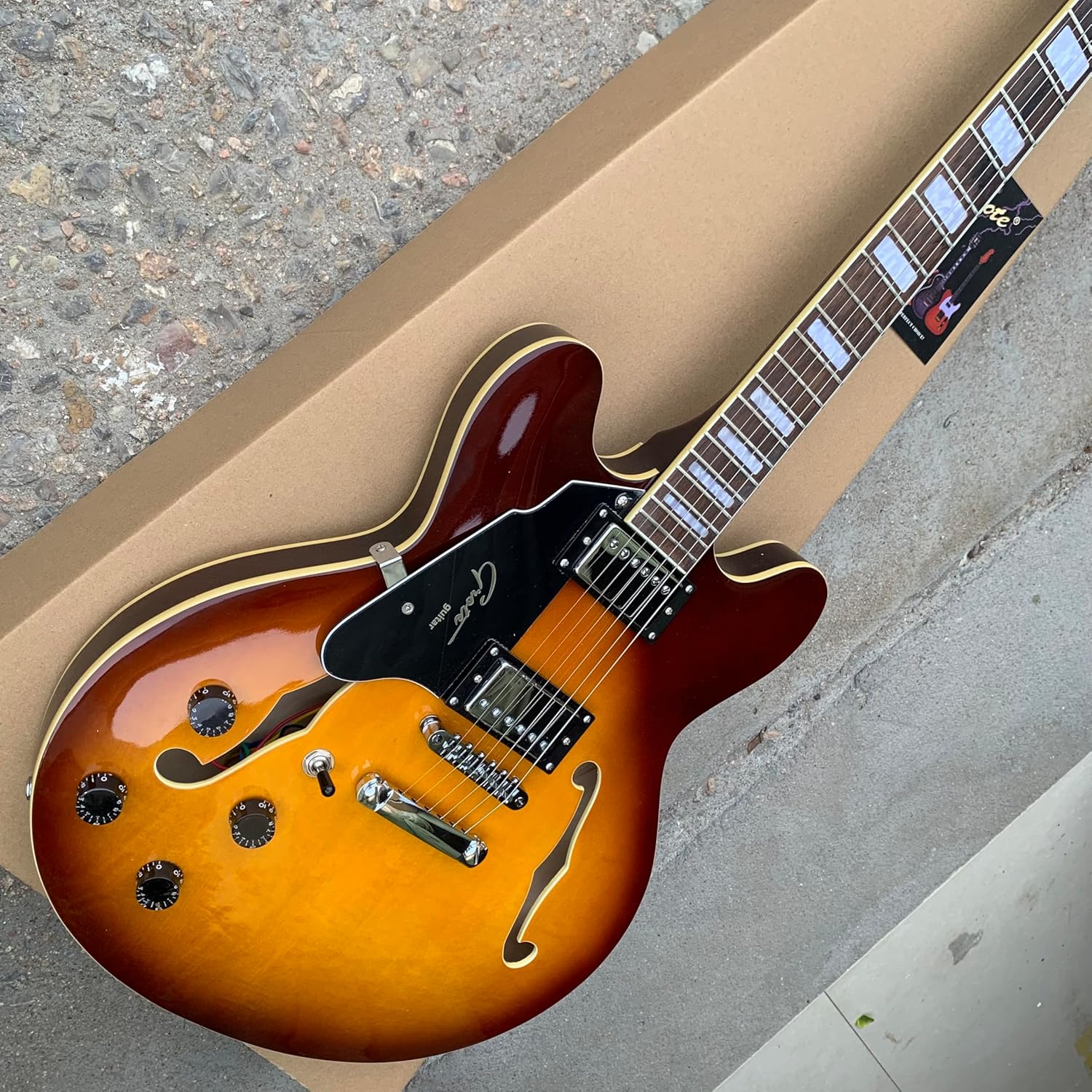 Semi-Hollow Body Electric Guitar, Left-Handed, F-Hole Design, Sunburst Finish