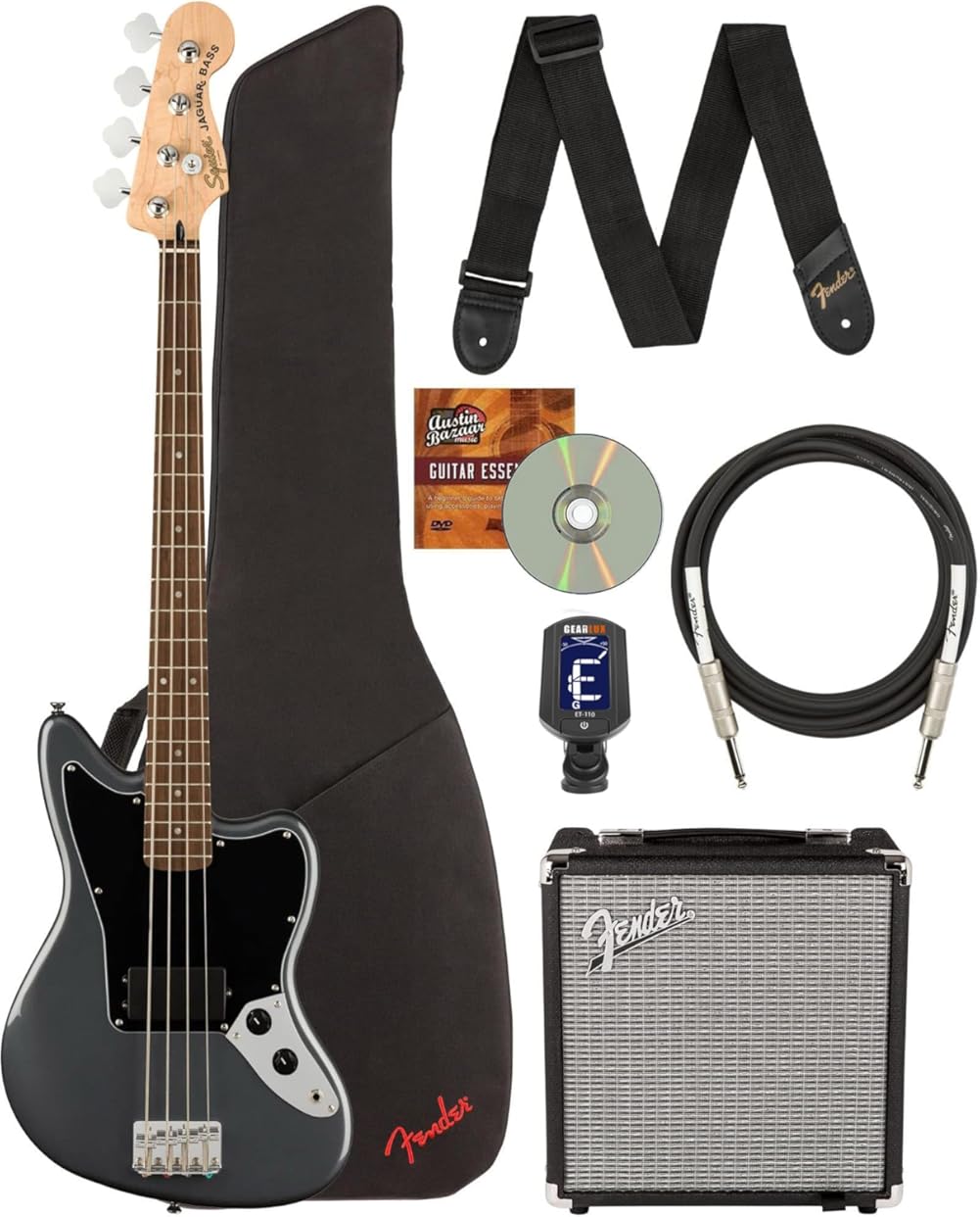 Fender Squier Affinity Jaguar Bass H - Charcoal Frost Metallic Bundle with Rumble 15 Amplifier, Instrument Cable, Gig Bag, Tuner, Strap, and Austin Bazaar Instructional DVD