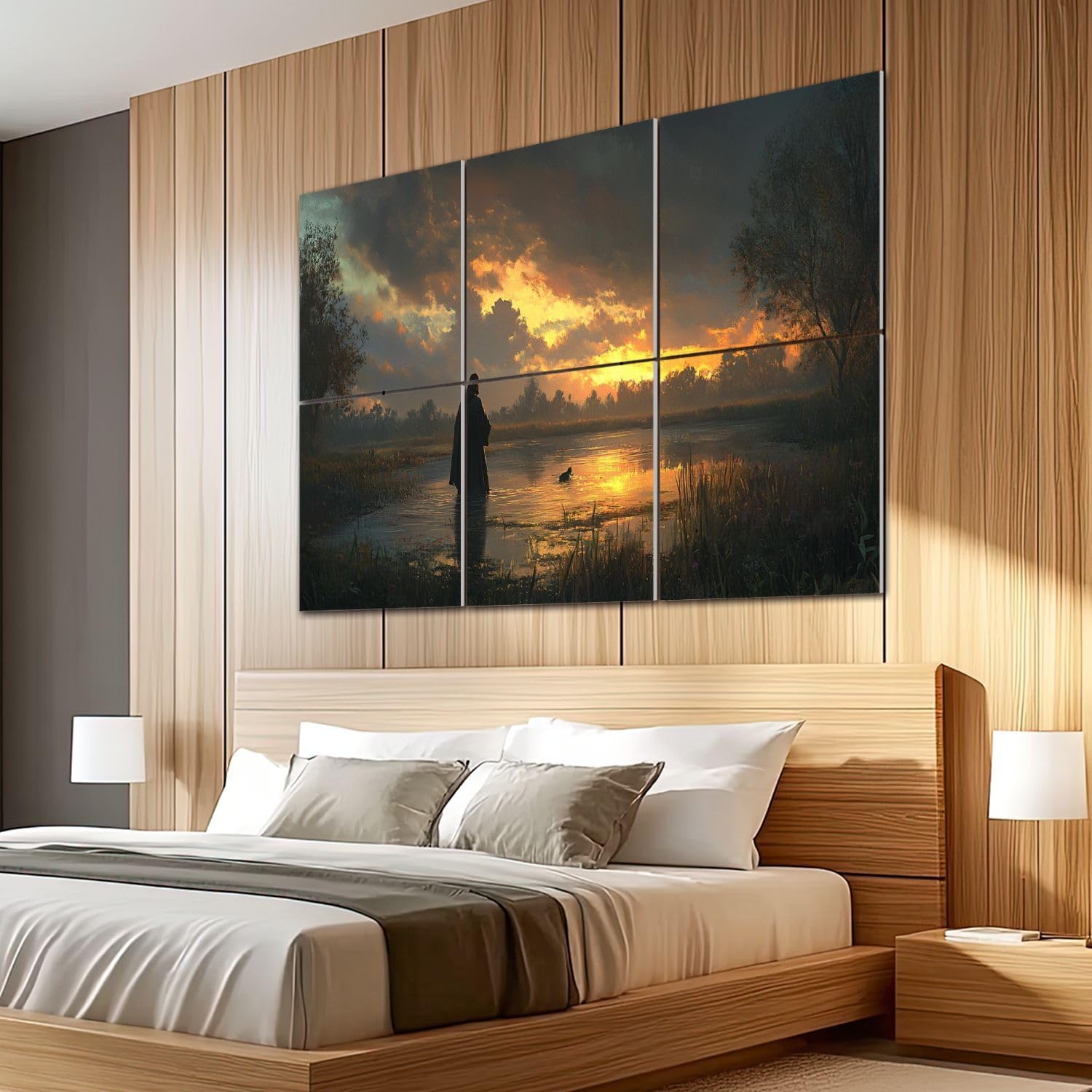 6 Pack Art Acoustic Panels Sound Absorbing Back Sunset Silhouette Water Reflection Trees Stormy Sky Realistic Decorative Soundproof Wall Panels Self Adhesive for Recording Studios Office 72