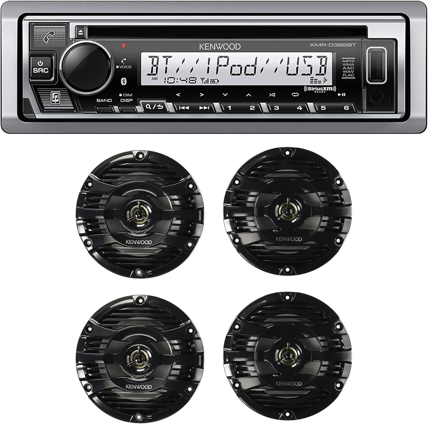 KENWOOD KMR-D382BT Car & Marine Stereo-Single Din, Bluetooth Audio, CD USB MP3, Aux in, AM FM Radio, Weatherproof | Plus 2X KENWOOD KFC-1653MRB 6.5