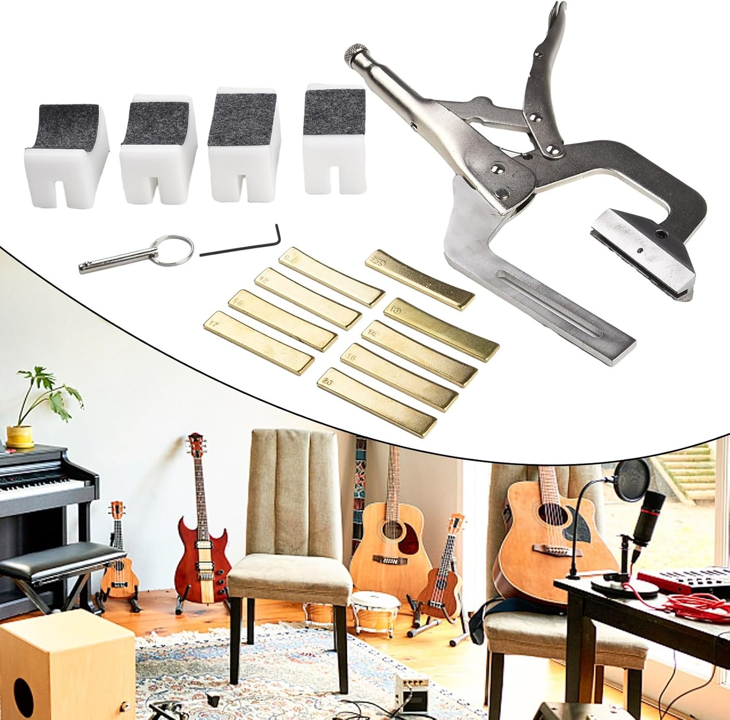 Guitar Luthier Handheld Fret Press Caul Tool with 9 Radius Brass Inserts and 4 Padded Neck Supports for Acoustic Electric Bass Ukulele Mandolin Banjo(Fret Press with 9 Radius Inserts)