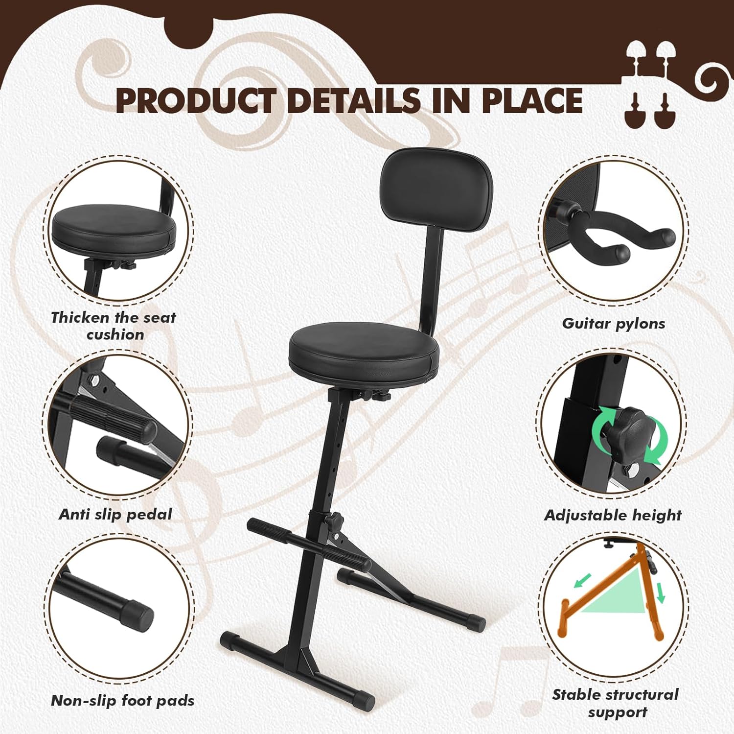 Guitar Stool with Back Support, Height Adjustable Professional Seat with Hanger, Musician Stool Guitarist Throne Guitar Chair, Black