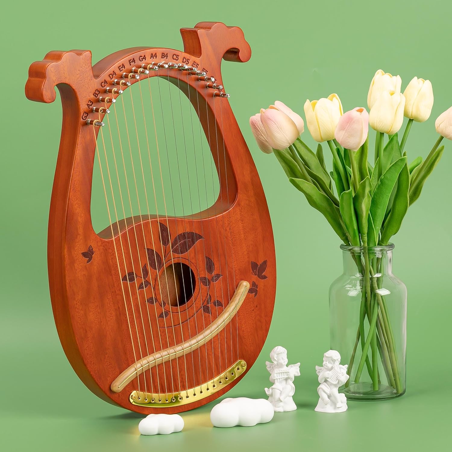 Lyre Harp Mahogany with Tuning Wrench and 16 Pcs Metal Spare String Set Manual Picks Black Gig Bag for Instrument Kids Adult Professional Beginner Music Lovers Gift