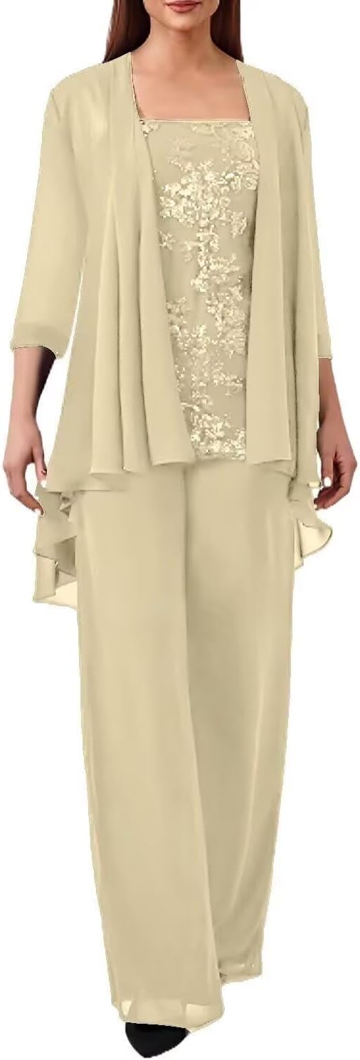 3 Pieces Mother of The Bride Pant Suits with Jackets Lace Chiffon Wedding Guest Dress