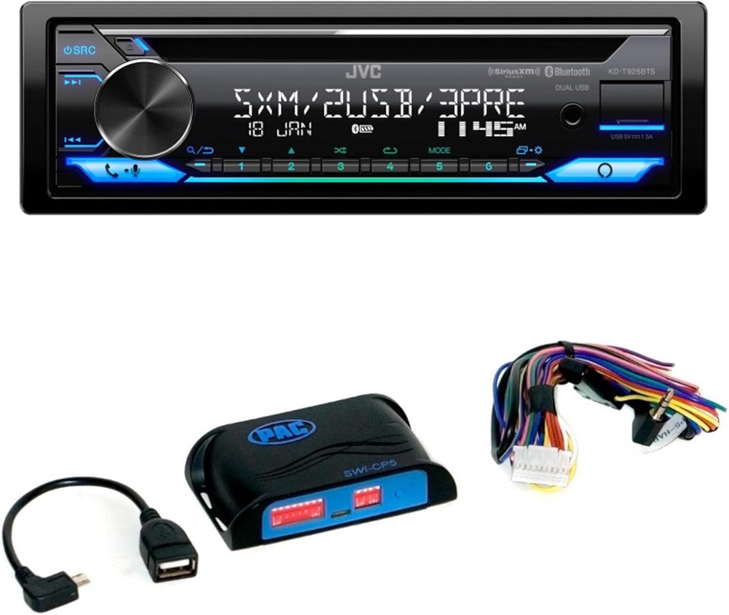 JVC KD-T925BTS CD Receiver Featuring Bluetooth®, Front & Rear Dual USB, Sirius XM, Amazon Alexa, 13-Band EQ, Variable-Color Illumination, with PAC SWI-CP5 Steering Wheel Interface