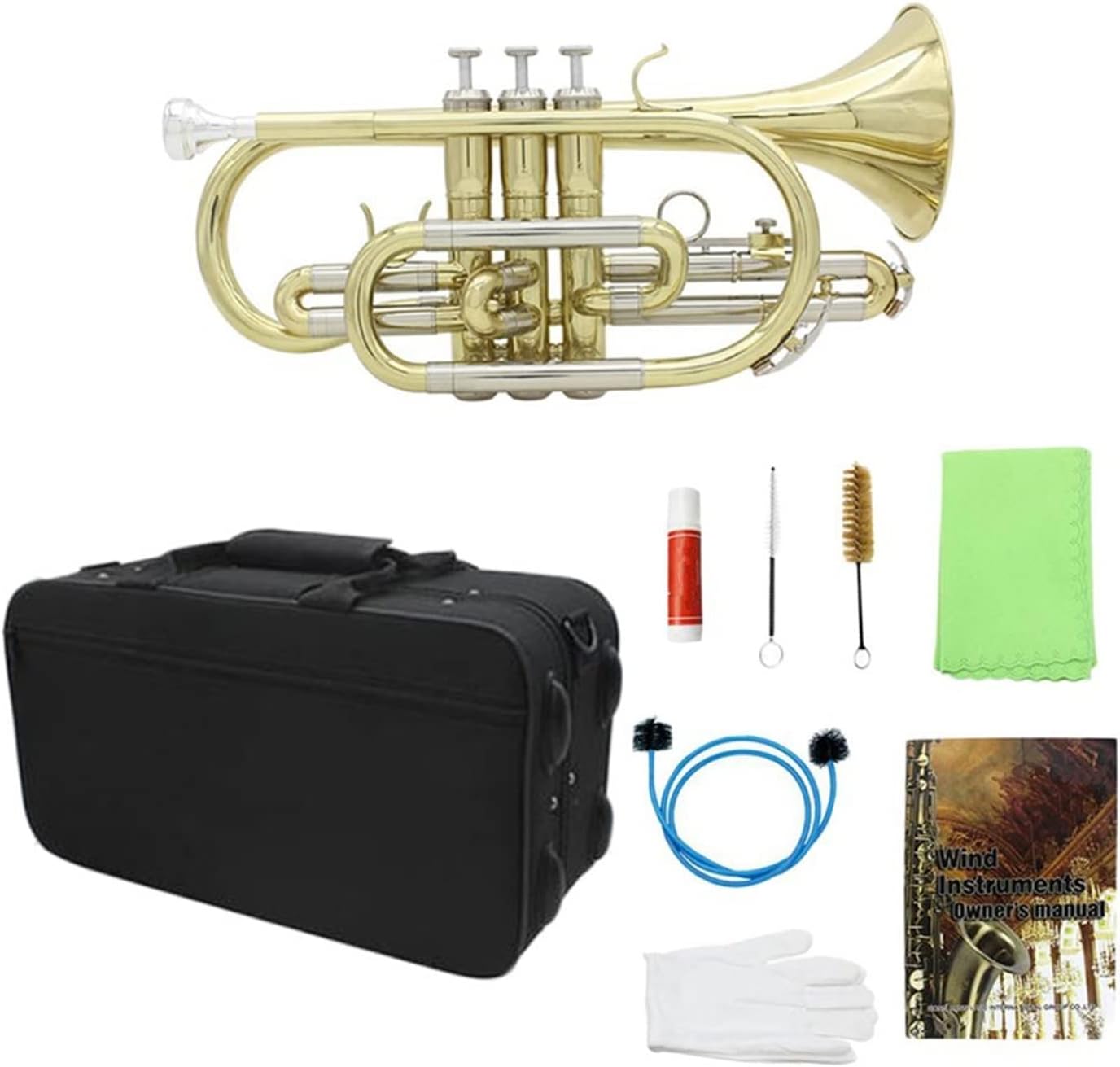 FLFL Student Trumpet Professional Bb Flat Cornet Brass with Storage Case Gloves Cloth Grease Brush Kit for Concert Practice