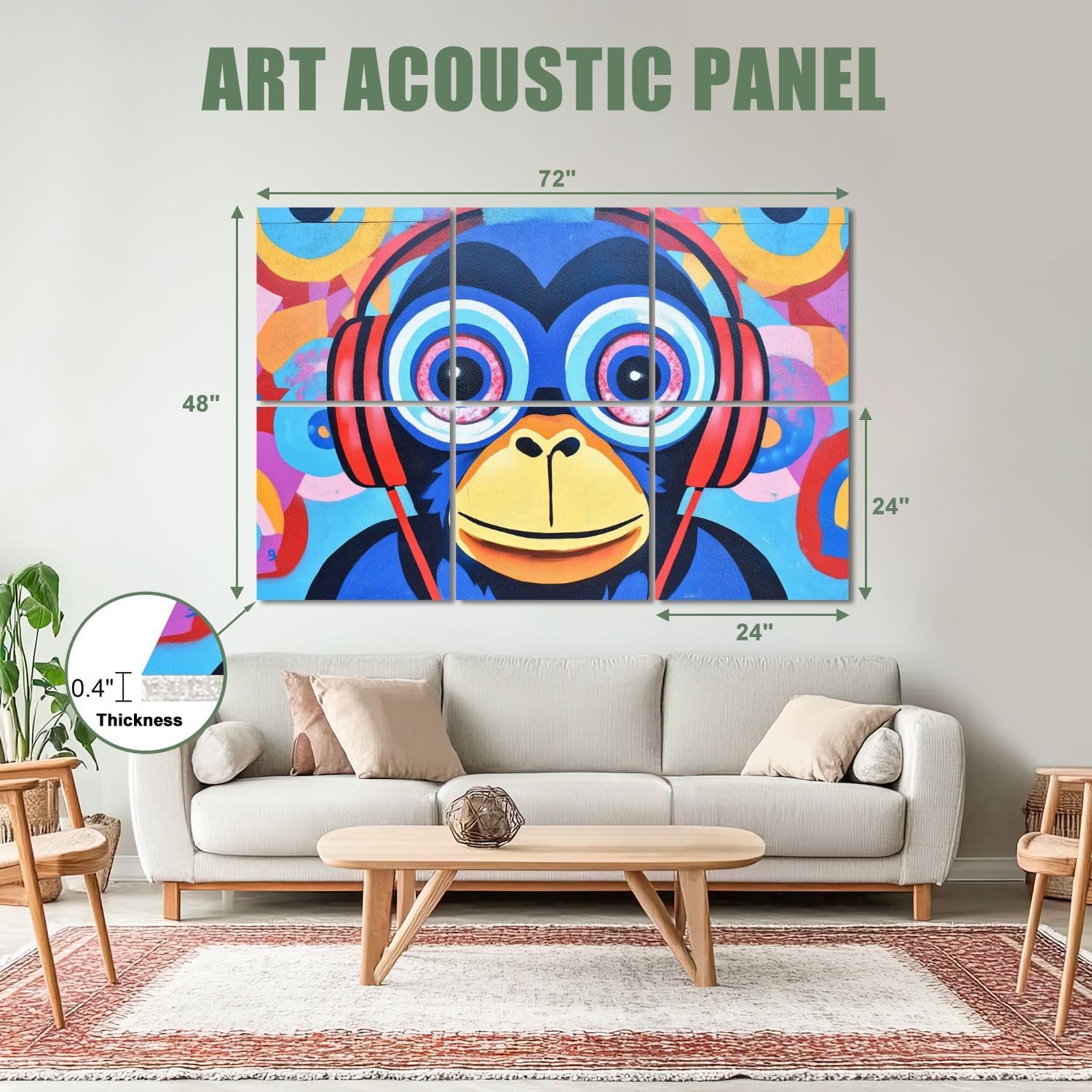 6 Pack Art Acoustic Panels Sound Absorbing Graffiti Monkey Headphones Street Pop Art Circular Patterns Large Eyes Decorative Soundproof Wall Panels Self Adhesive for Recording Studios Office 72