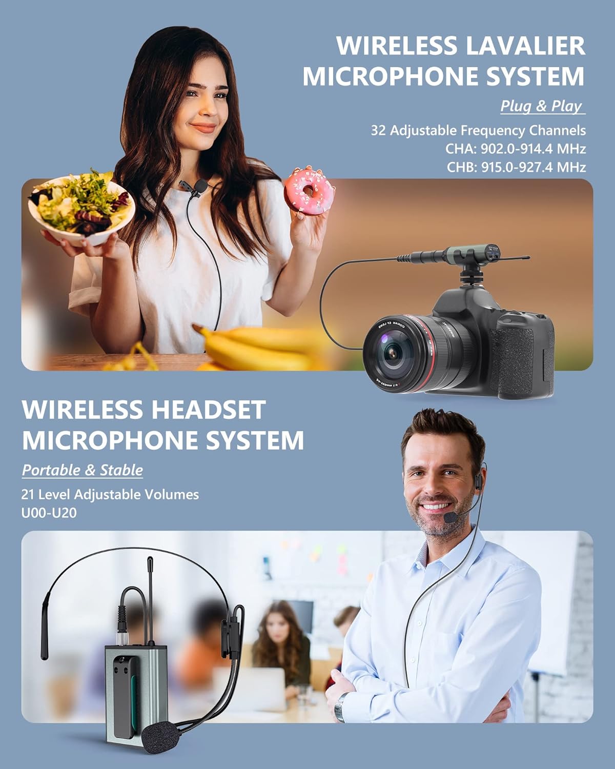 ttstar Wireless Microphone System Dual Transmitters Receiver Lavalier/Headset Mic Set Rechargeable Bodypack for PA Speaker, Camera, Video Recording, Teaching, Church, Interview