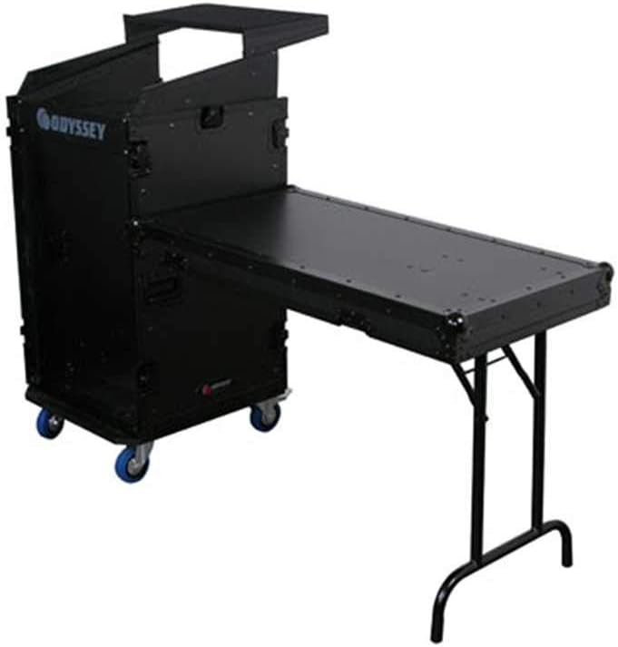 Deluxe Black 11U Top Slanted 16U Bottom Vertical Pro Combo Rack with Casters, Side Table, and Glide Platform