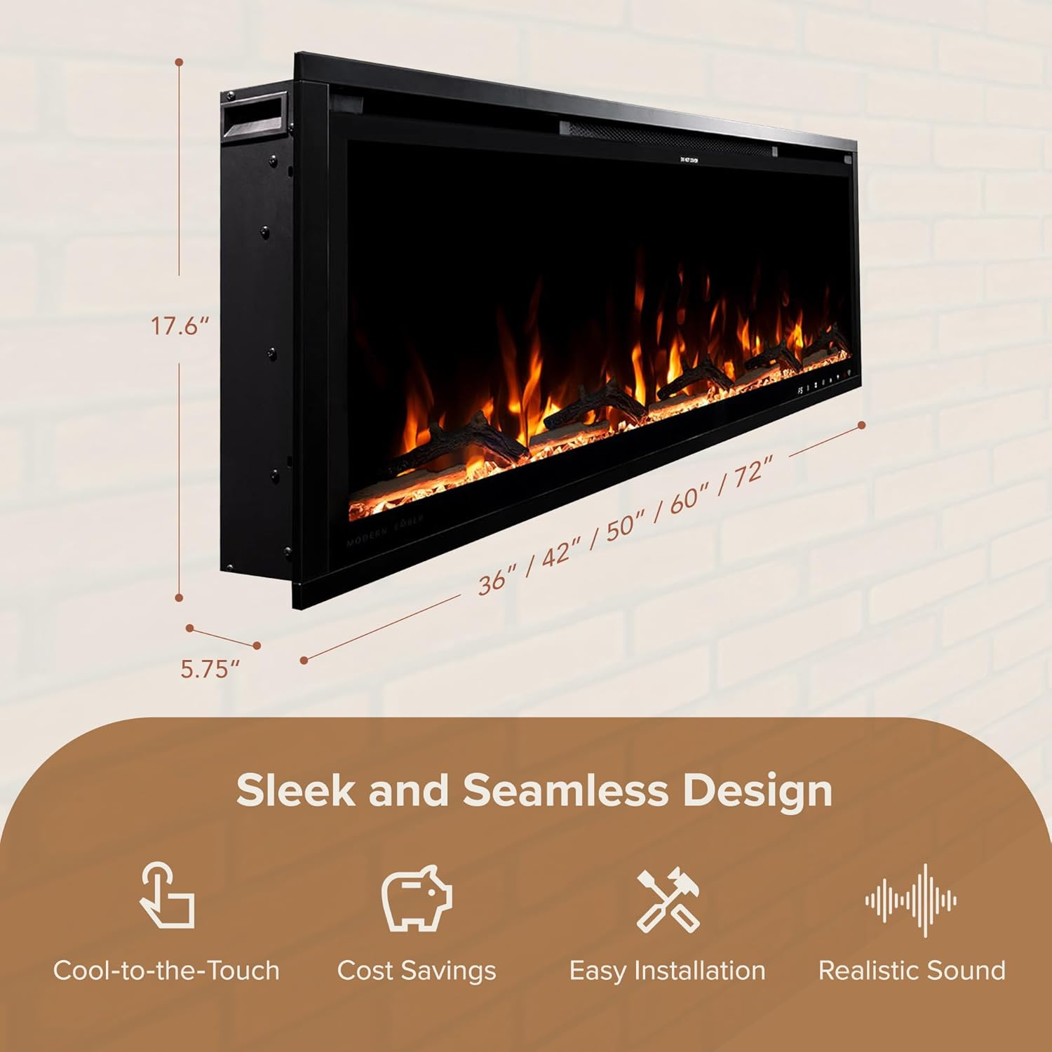 Modern Ember Aerus 42 Inch Smart Linear Electric Fireplace | Recessed in-Wall or Wall-Mount | LED Multiple Flame Colors | Alexa/WiFi Enabled | 5.75” Profile | Remote Included