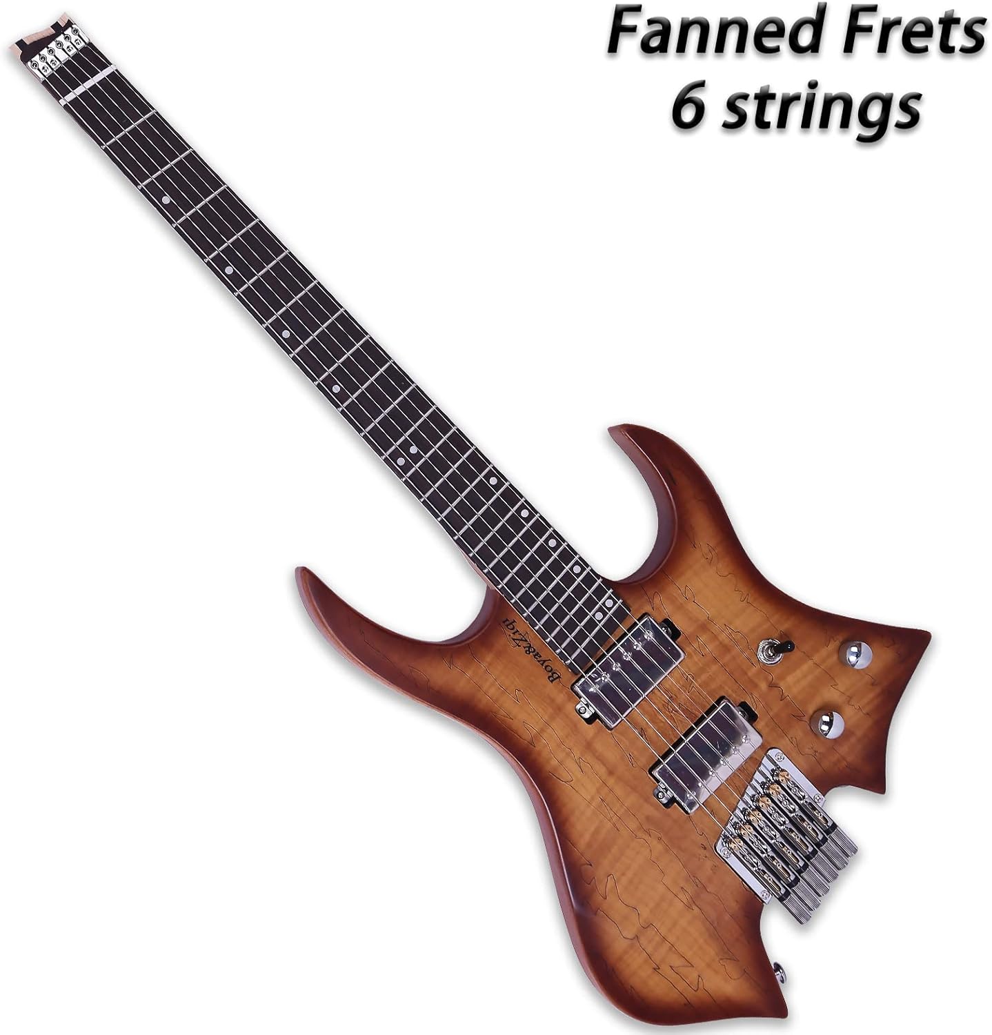 Boya&Ziqi Headless Electric Guitar LIZARD-6,FANNED FRETS, Independently Adjustable Bridge,Split coil control,5-Piece Maple/Streaked Ebony Neck (Natural Burst Spalted Maple, Right)