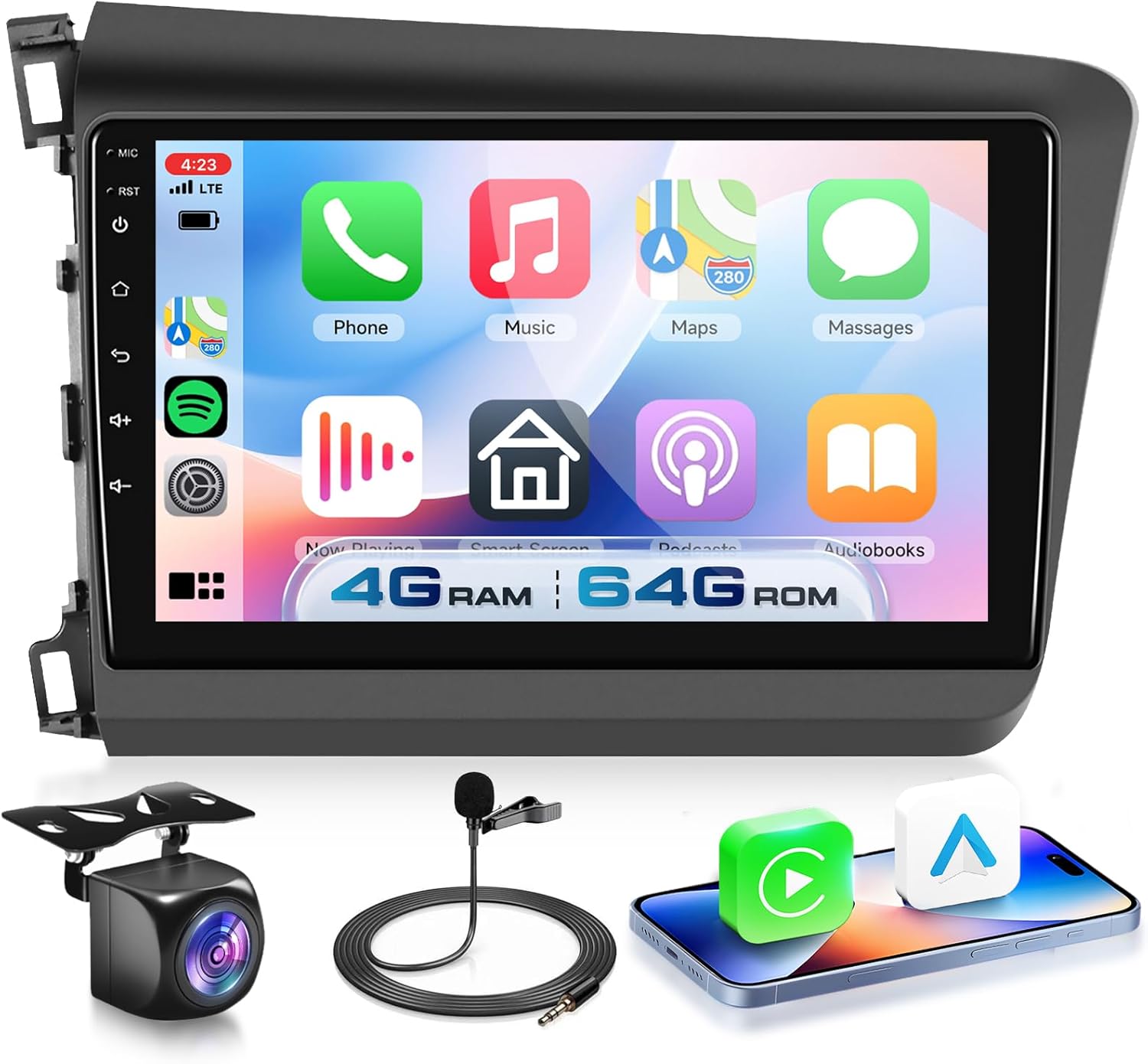 4G+64G Android 15 Car Stereo for Honda Civic 2012-2015 with Wireless Carplay Android Auto, 9 Inch 1280 * 720 Touch Screen GPS/WiFi/Bluetooth 5.0/ FM/32EQ/ SWC/Backup Camera