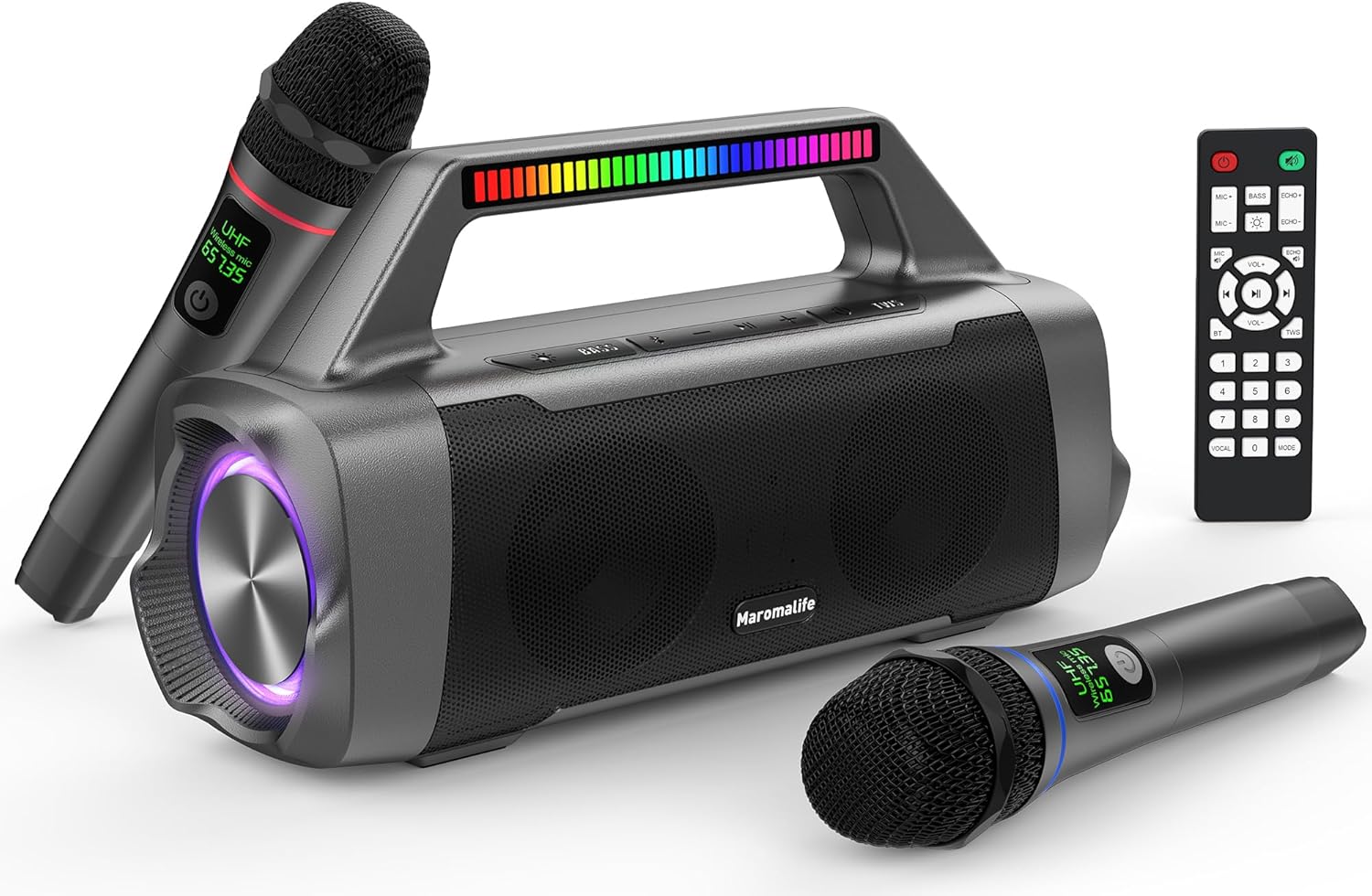 Karaoke Machine with Two Wireless Microphones,Portable Bluetooth Speaker for 100W Stereo Sound, IPX7 Waterproof Speaker with Remote Control Supports for USB,AUX,TWS,40H Playtime,BT 5.3,Rhythm Light