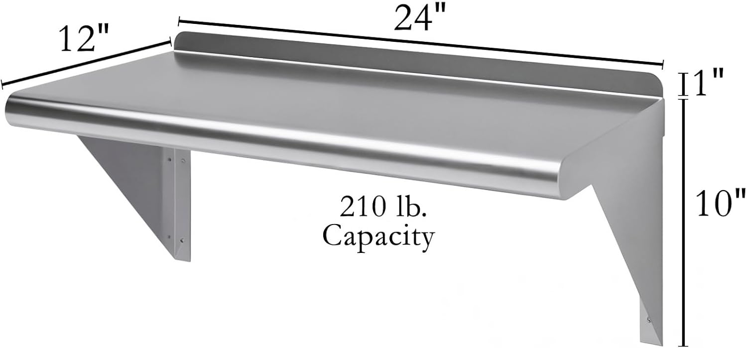 Jefferson 12 in. x 24 in. Stainless Steel Wall Shelf | NSF. Appliance & Equipment Metal Shelving | Kitchen, Restaurant, Garage, Laundry, Utility Room