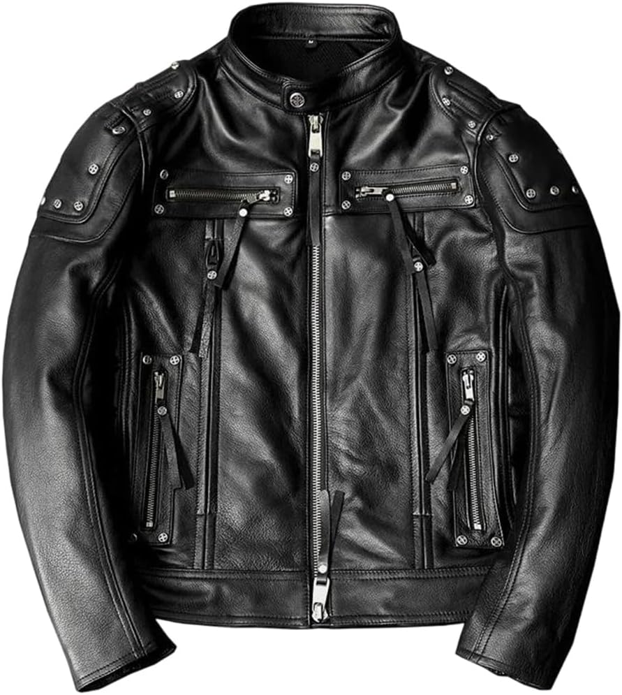 Men Rivet Autumn American Style Genuine Leather Jacket Skin Skull Leather Motorcycle Jacket