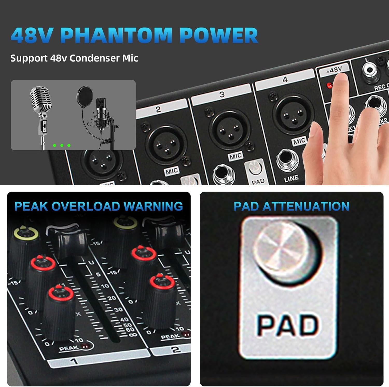 8 Channel Mixer Audio, Professional Music Sound PA Mixer DJ Mixing Board Console with 99 DSP Effects, 5-band EQ, Bluetooth, USB Interface, 48V Phantom Power for Recording Stage Karaoke