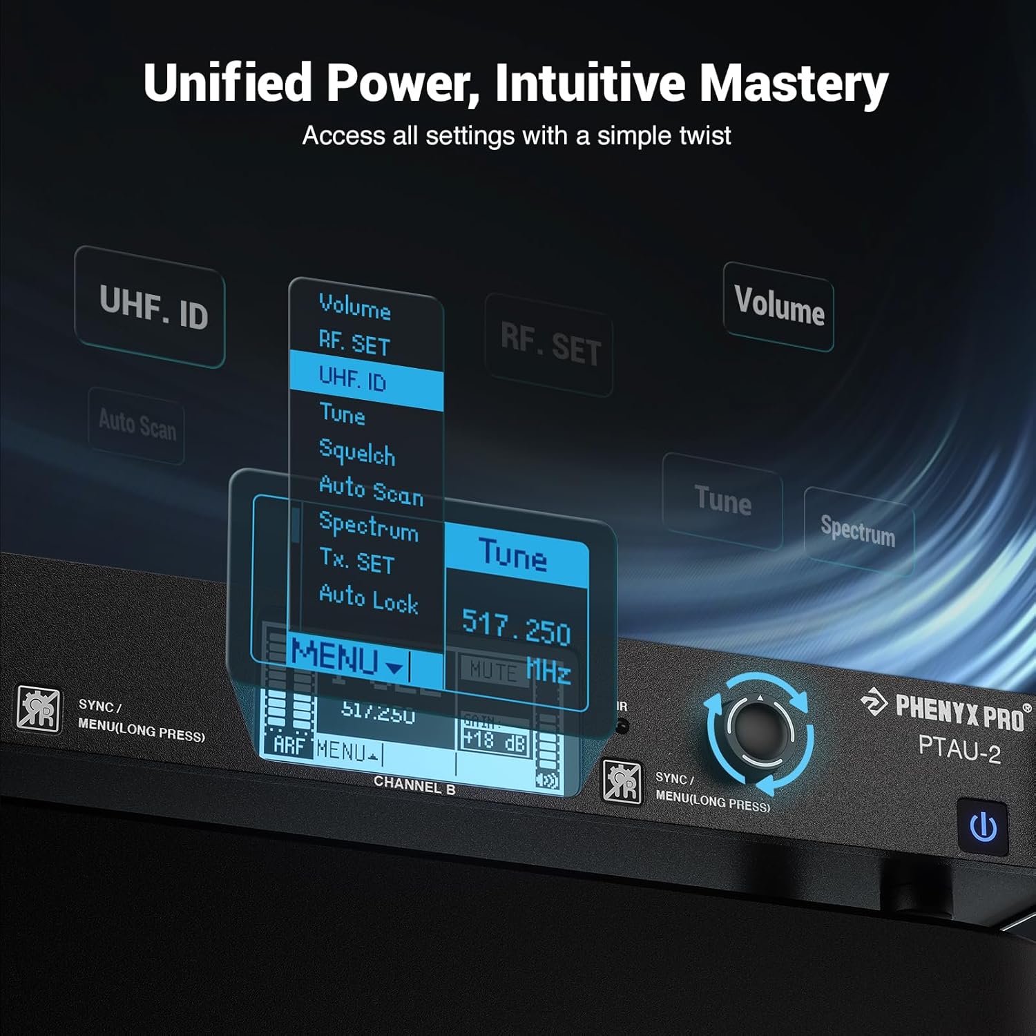 Phenyx Pro Dual-Channel Wireless Microphone System, Dynamic Mics w/ID Lock, Tunable Power Level, Auto Scan, Spectrum Analyzer, True Diversity Cordless Handheld for Singing, DJ, Karaoke (PTAU-2)