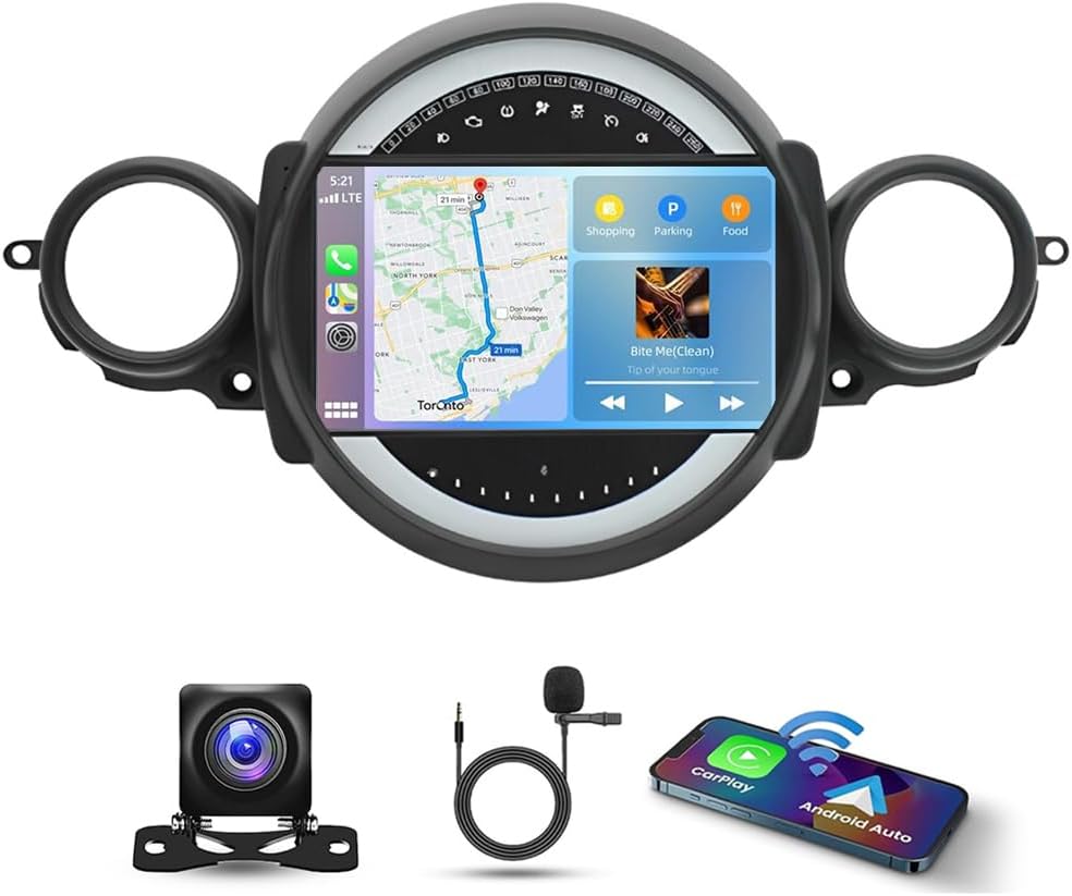 Car Stereo for BMW Mini Cooper R56 2007-2014, 9 Inch HD Touchscreen 2G+32G Android 13 Double Din Car Audio Receiver w/Wireless Carplay and Android Auto GPS Navi Bluetooth WiFi FM SWC Backup Camera Mic