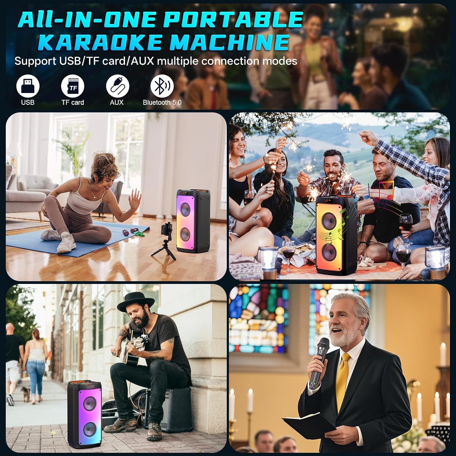 Karaoke Machine with 2 Wireless Microphones, Portable Bluetooth Speaker for Adults & Kids, Big Party PA System with Disco Lights for Gatherings, Stage Monitors, The Best Gifts for All