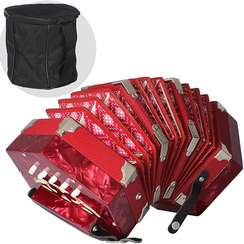Professional Accordion Concertina With 20 Buttons, With Carrying Bag And Adjustable Hand Strap, For Daily Practice Stage Performance(Red)