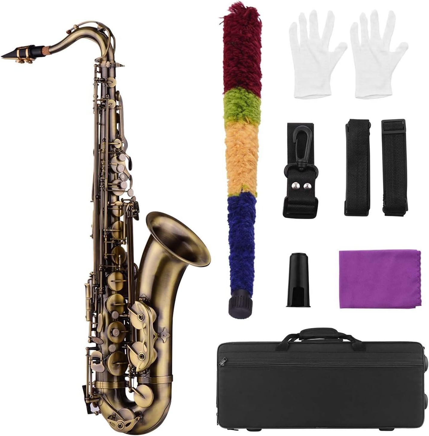 KESHUO Antique Finish Bb Tenor Saxophone Sax Brass Body White Shell Keys Woodwind Instrument with Carry Case Sax Neck Straps Brass Sax Beginners Kit (Color : Bb Style 1)