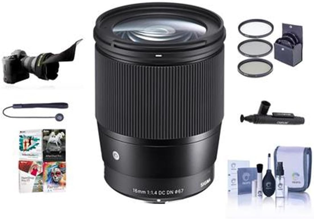 Sigma 16mm f/1.4 DC DN Contemporary Lens for Micro Four Thirds, Black, Bundle with ProOptic 67mm Filter Kit, Flex Lens Shade, Cleaning Kit, Cap Tether, Lens Cleaner, PC Software Kit